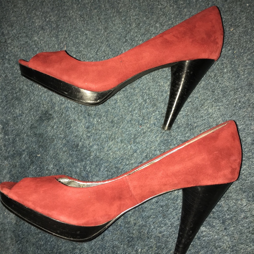Wine Red suede open toe heels